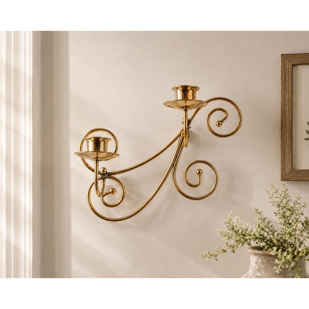 Vtg Gold Tone Wall Candle Holder Scroll Metal Double Taper Sconce Cottagecor